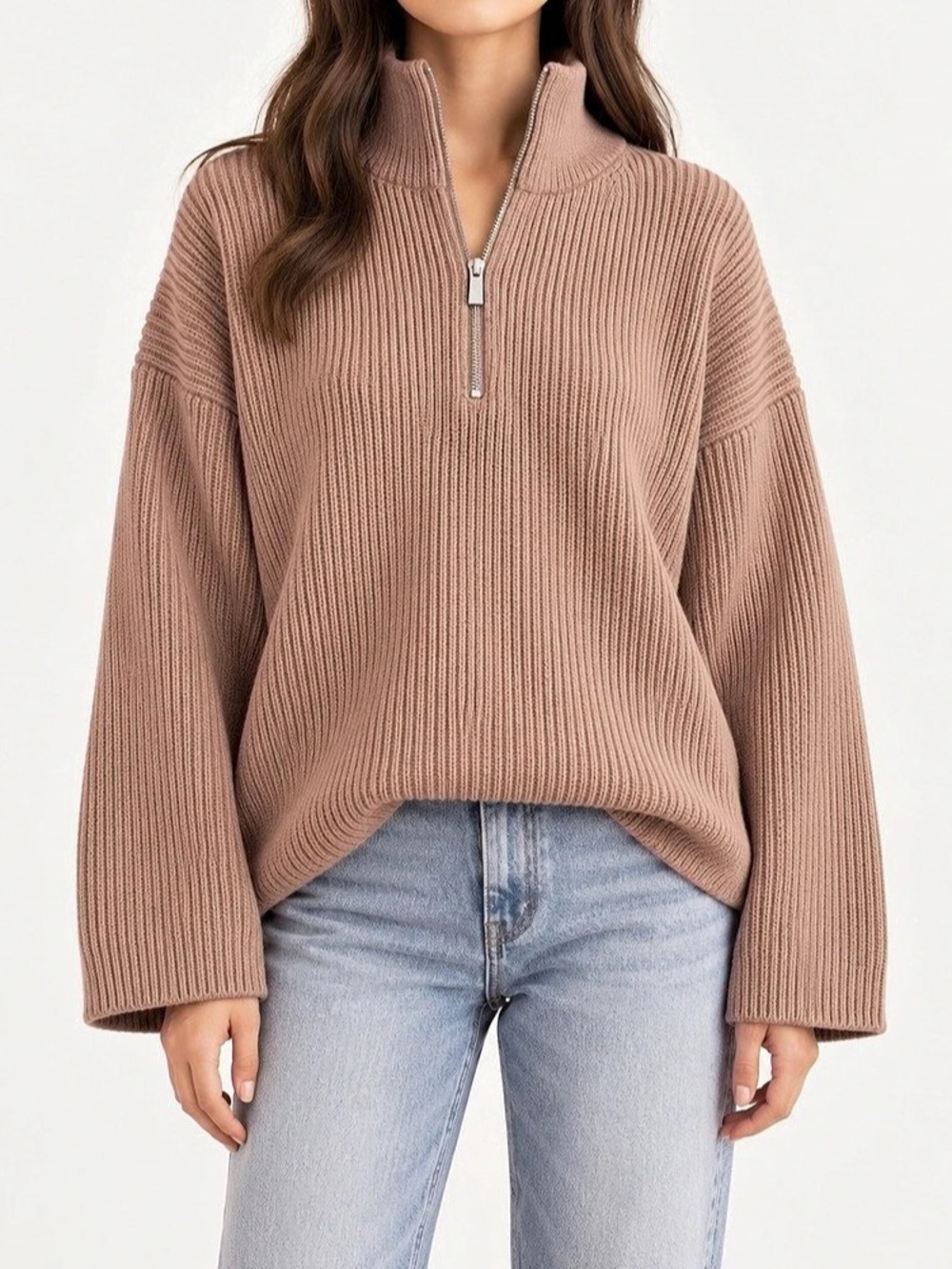 H&M Ribbed Quarter-Zip Sweater in Brown Size Small NWT